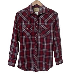 Wrangler Mens Size Medium Burgundy Plaid Pearl Snap Western Shirt Lightweight